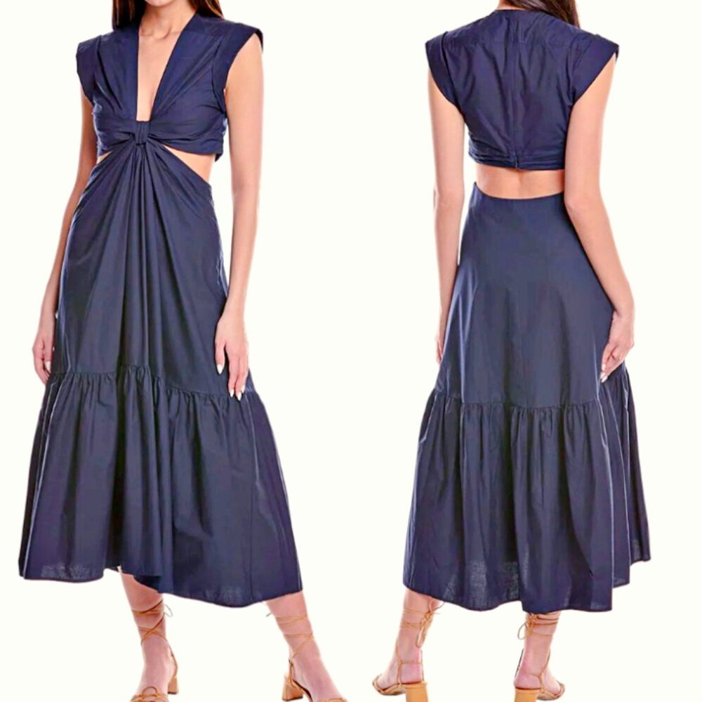 A.L.C. Alexandria Cotton Knotted-Front Cut-Out Waist Midi Dress Navy sz 4 $495